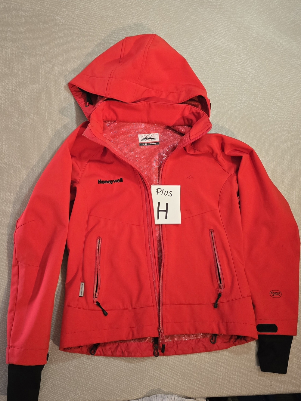 Montagne Women's Red Shark Skin Softshell Hooded Jacket with Honeywell Embroider
